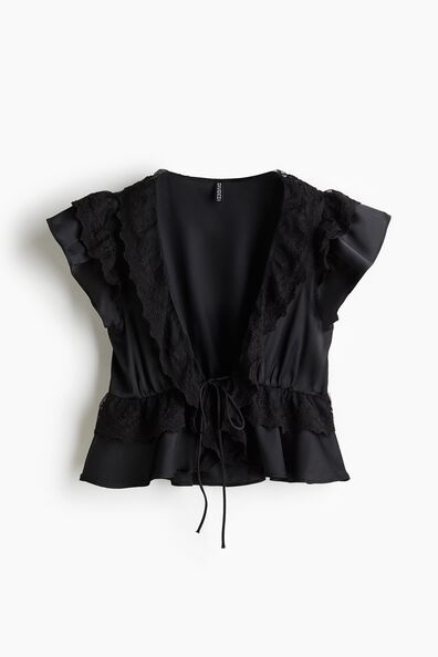 Flounce-trimmed satin blouse