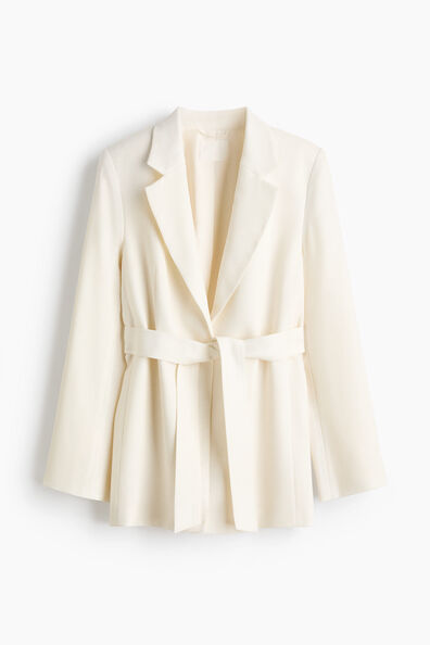 Textured-weave tie-belt blazer