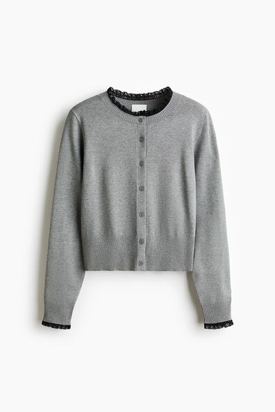 Lace-trimmed fine-knit cardigan
