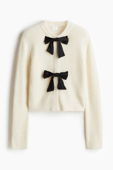 Bow-front rib-knit cardigan