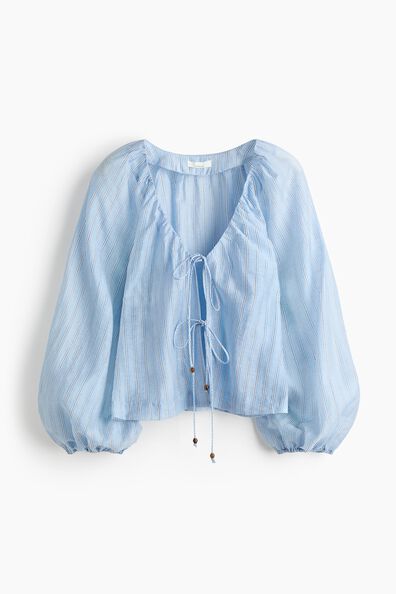 Linen-blend tie-front blouse