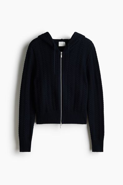 Hooded pointelle-knit cardigan