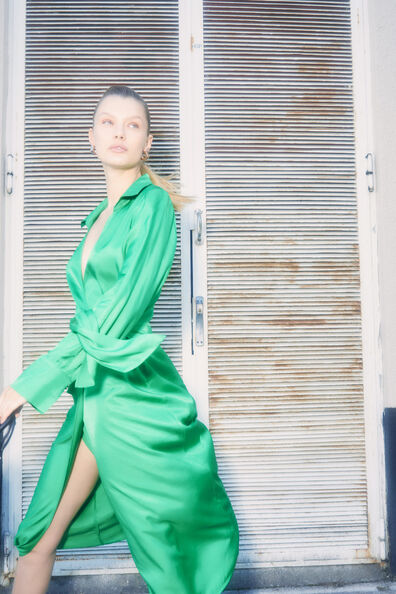 Rose Satin Wrap Dress