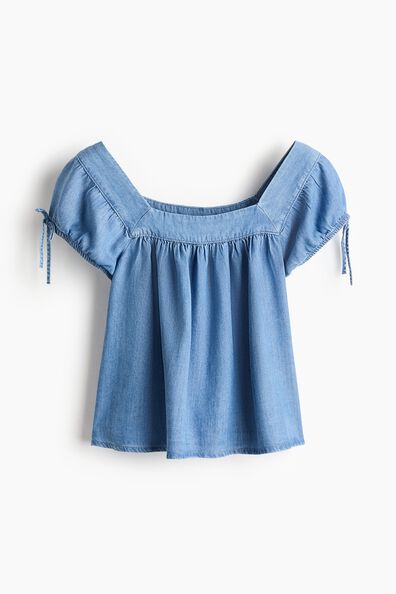 Puff-sleeved denim blouse
