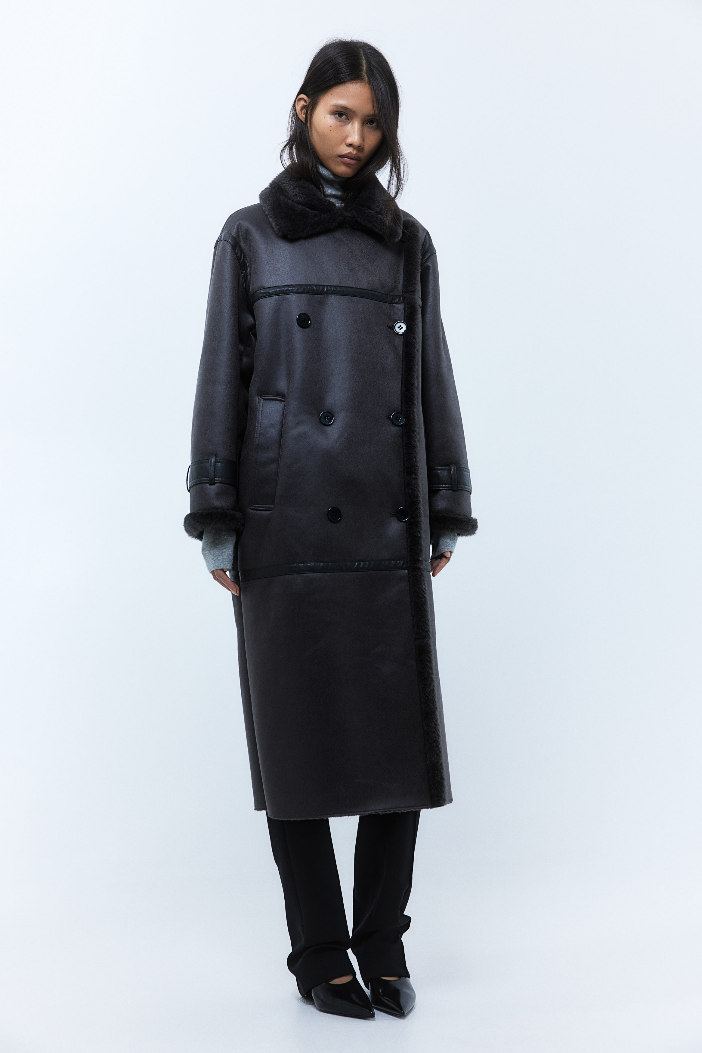 ジャケット・アウター Oversized Wool Double Long Coat - Black WEEKDAY Oversized Double-Breasted Wool-Blend Coat | endource