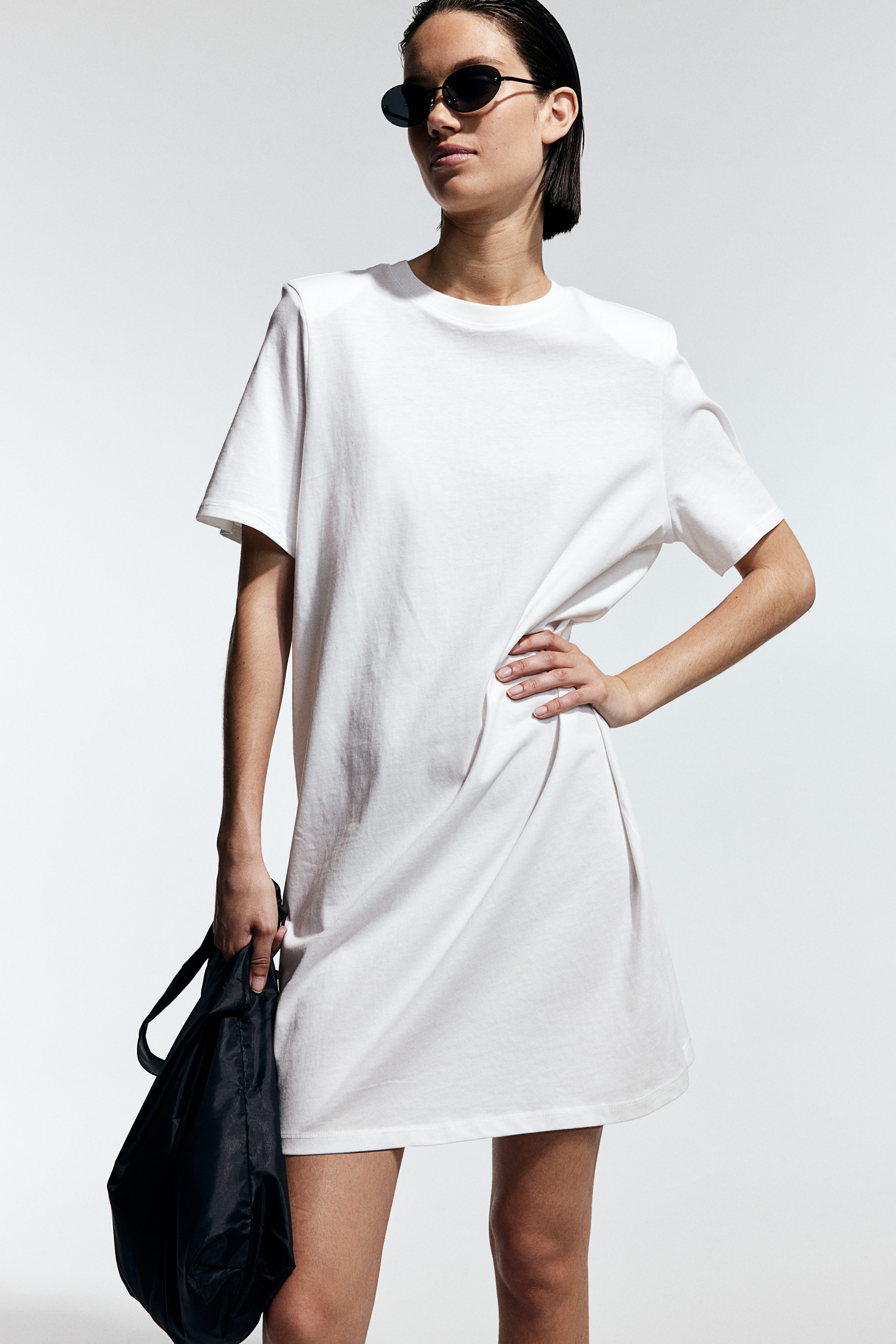padded shoulder t shirt dress boohoo Women's Crew Neck Shoulder Pad Drape Detail T-Shirt Dress in Mocha | Size: 8