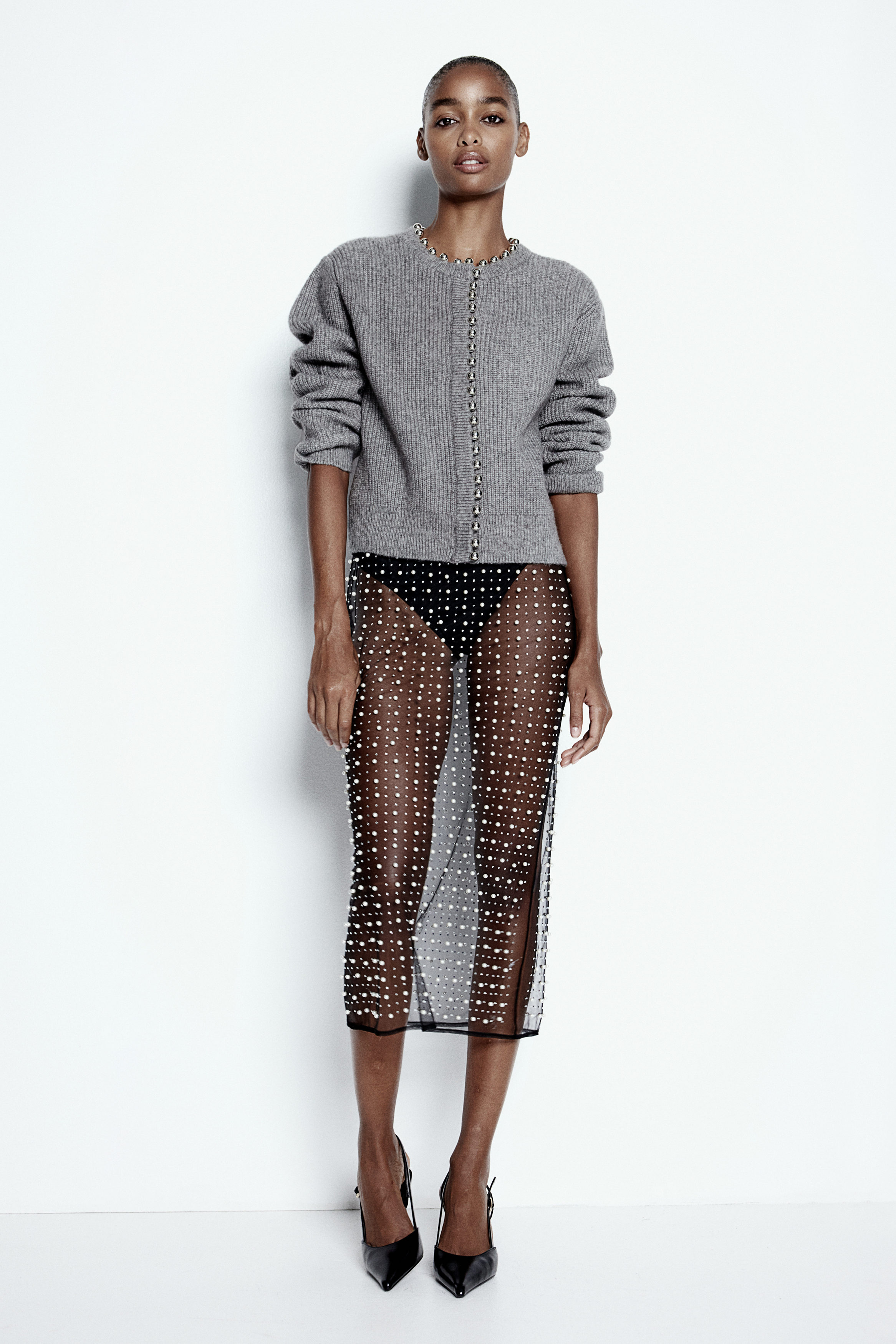 Bead-embellished rib-knit cardigan