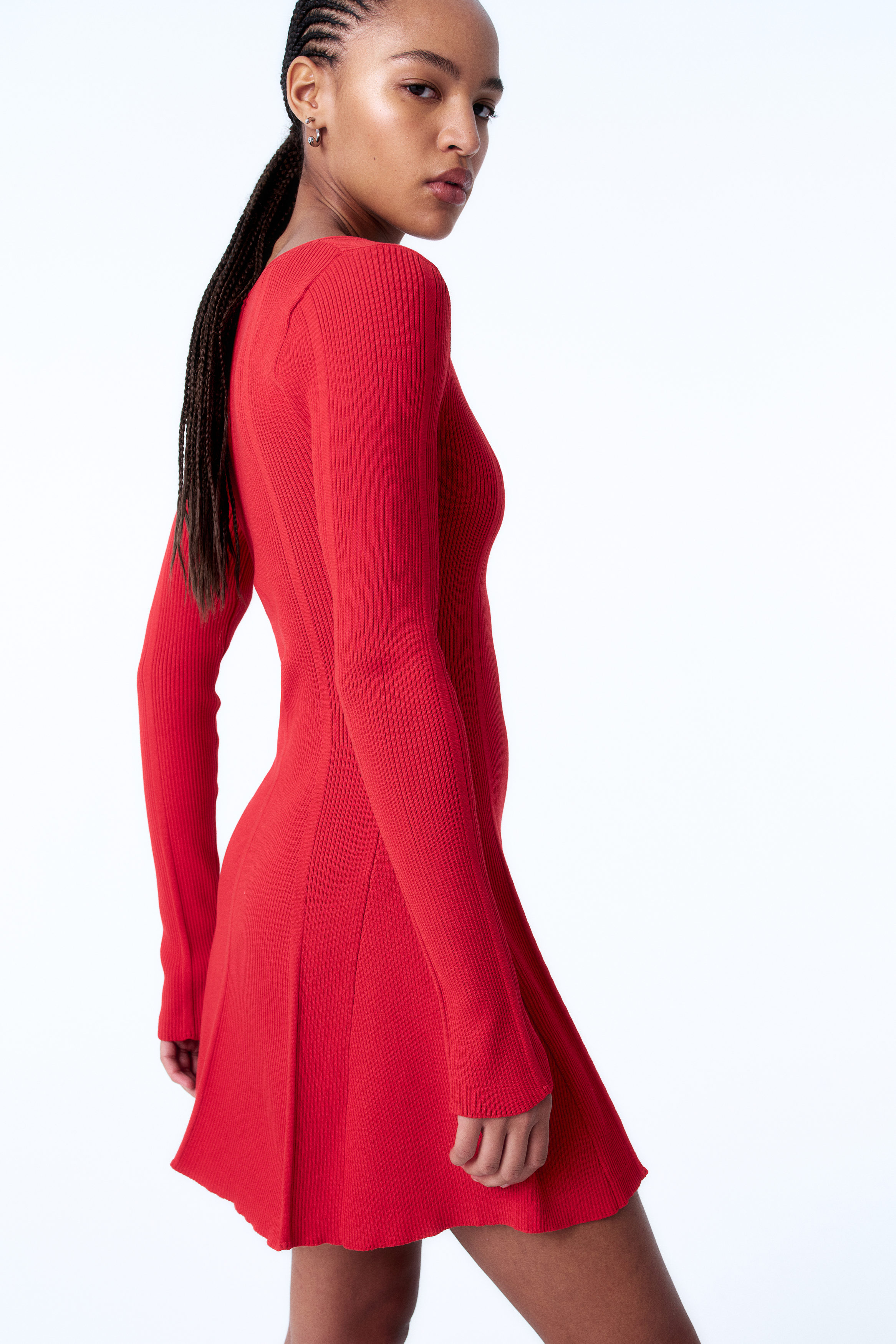 Flared-skirt rib-knit mini dress