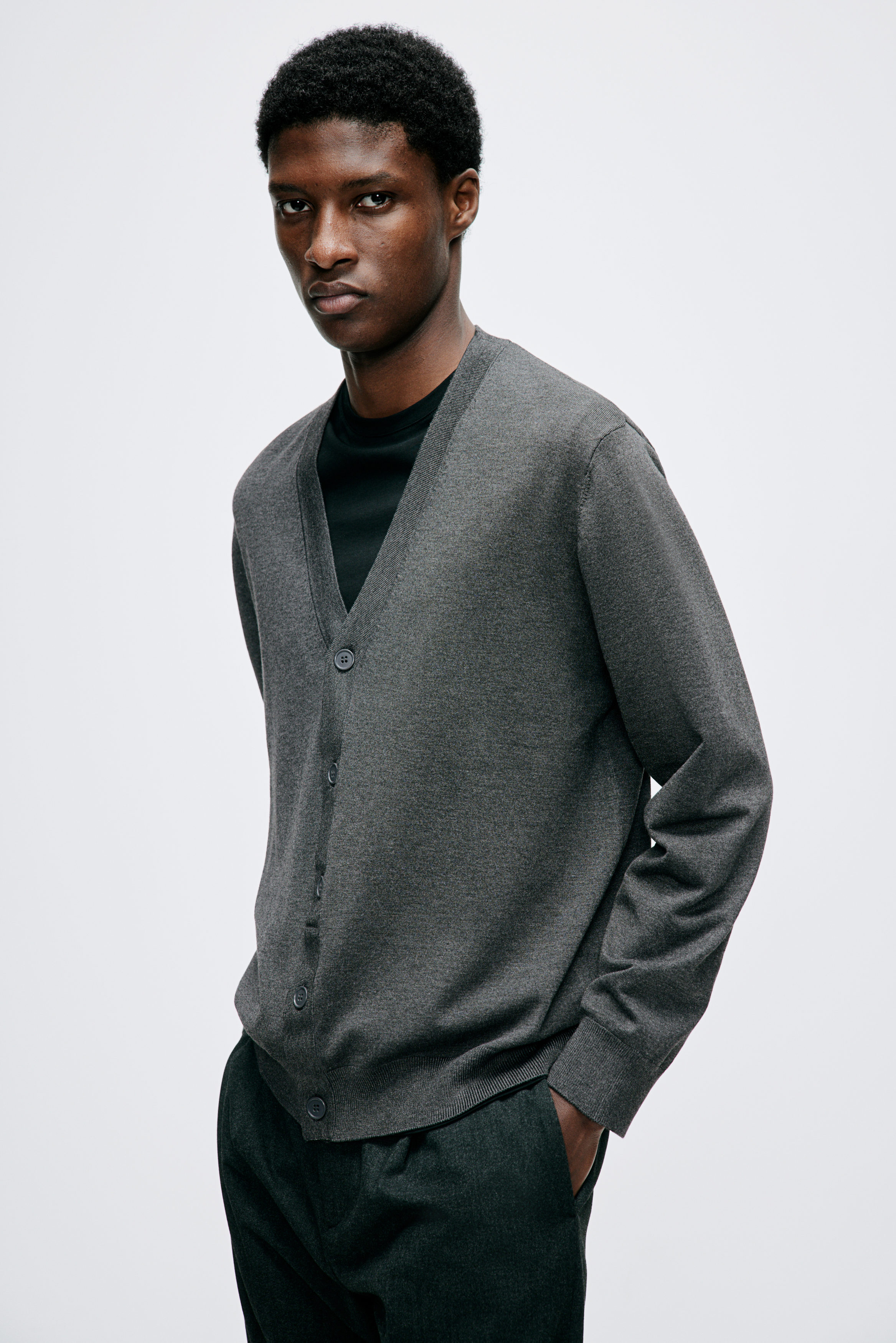 T/C BASIC KNIT SHIRT CARDIGAN M チャコール Fine-knit Cardigan - Gray melange - Ladies | H&M US