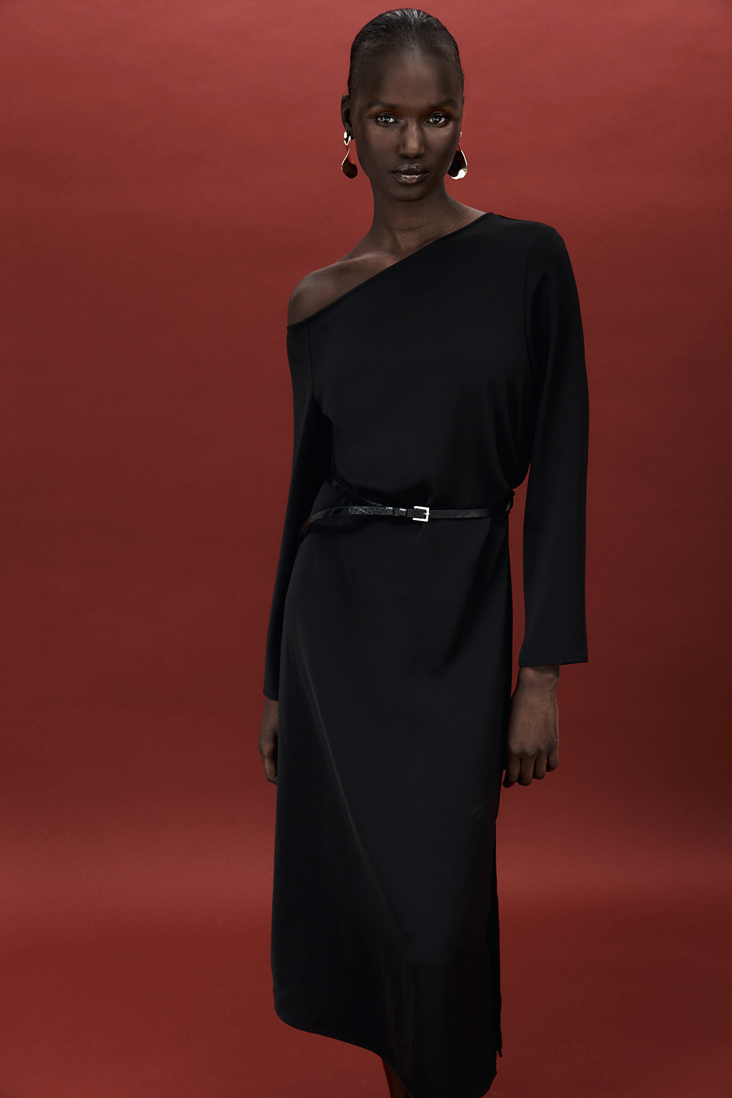 Belted one-shoulder dress