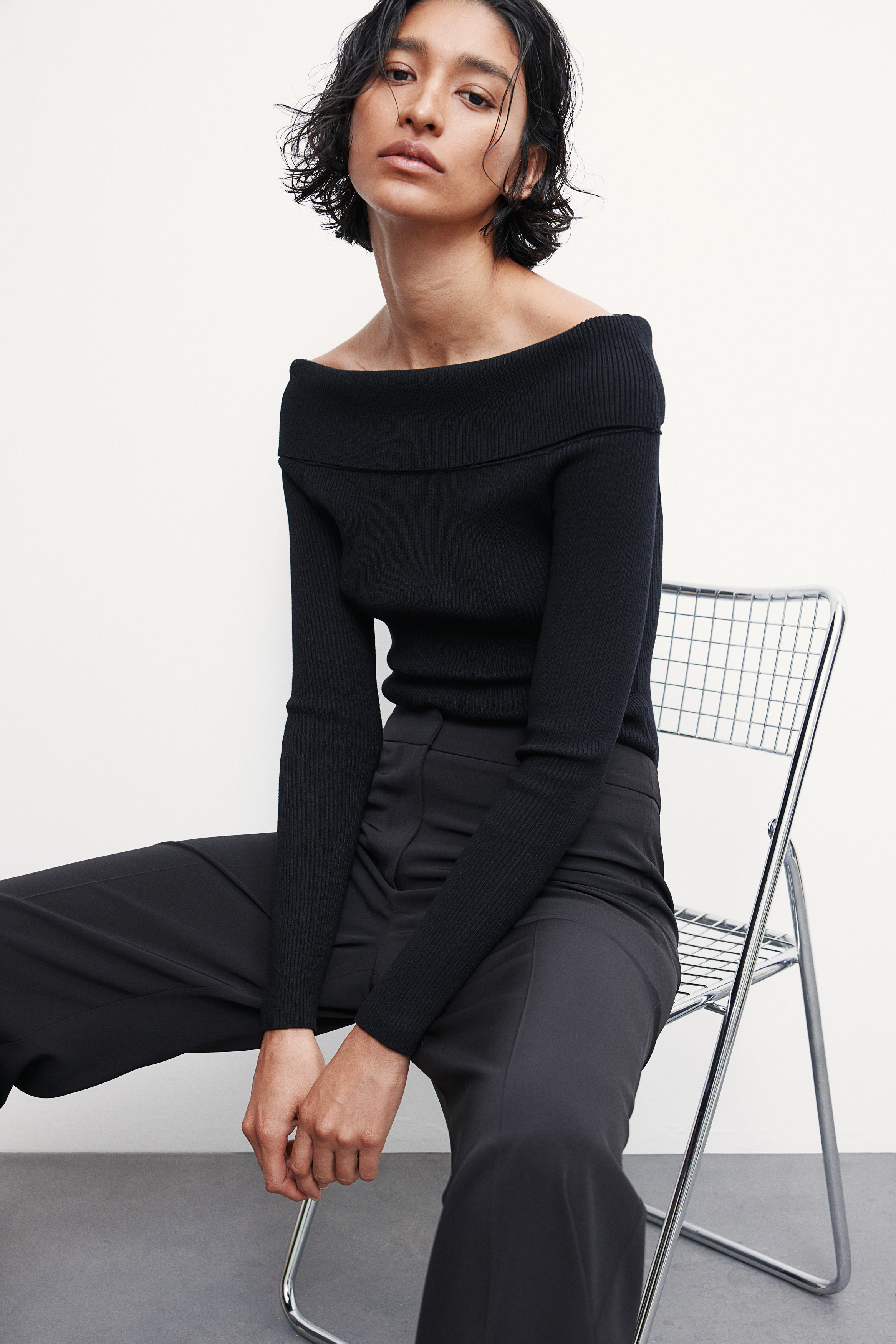 Rib-knit off-the-shoulder top