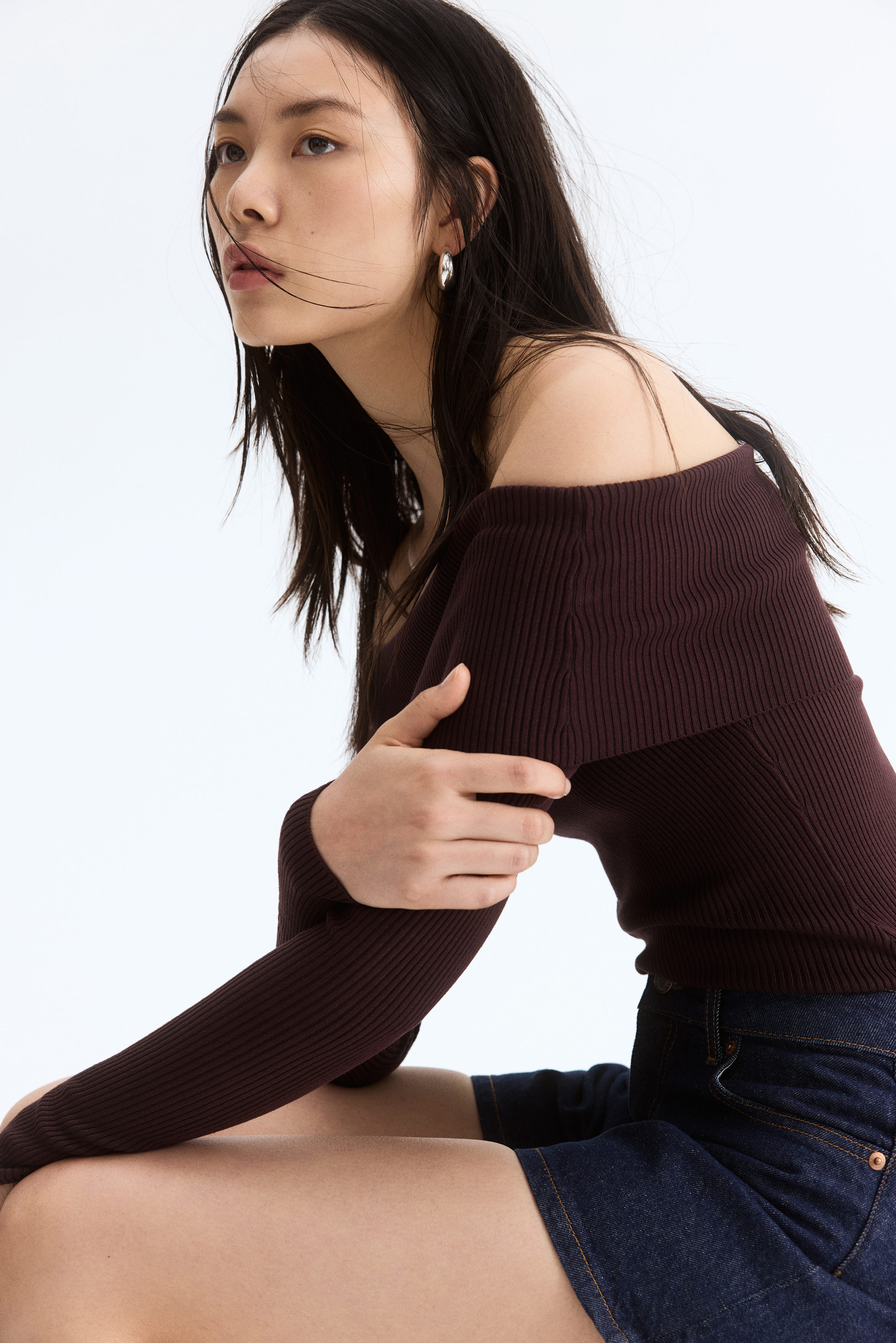 Rib-knit off-the-shoulder top