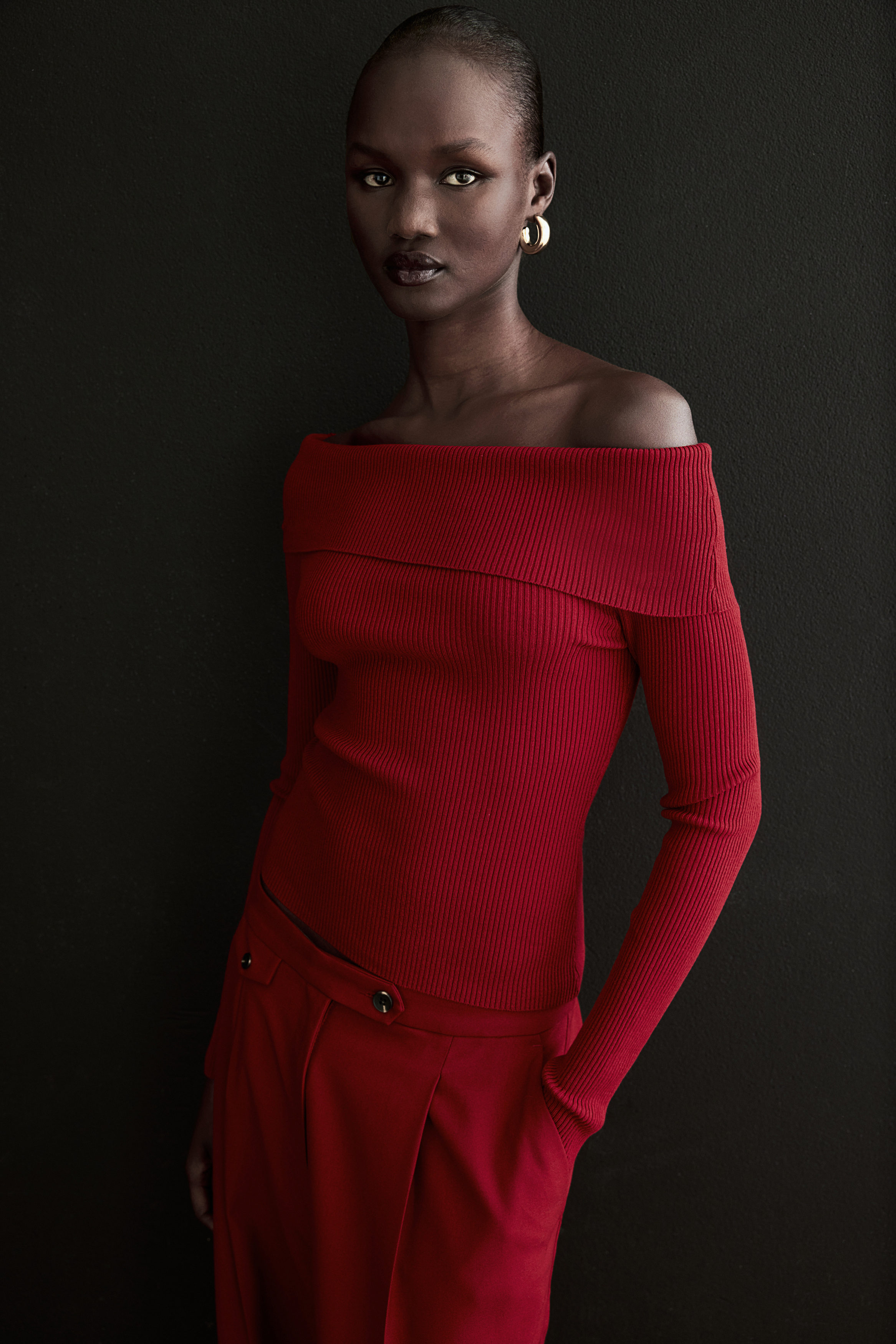 Rib-knit off-the-shoulder top