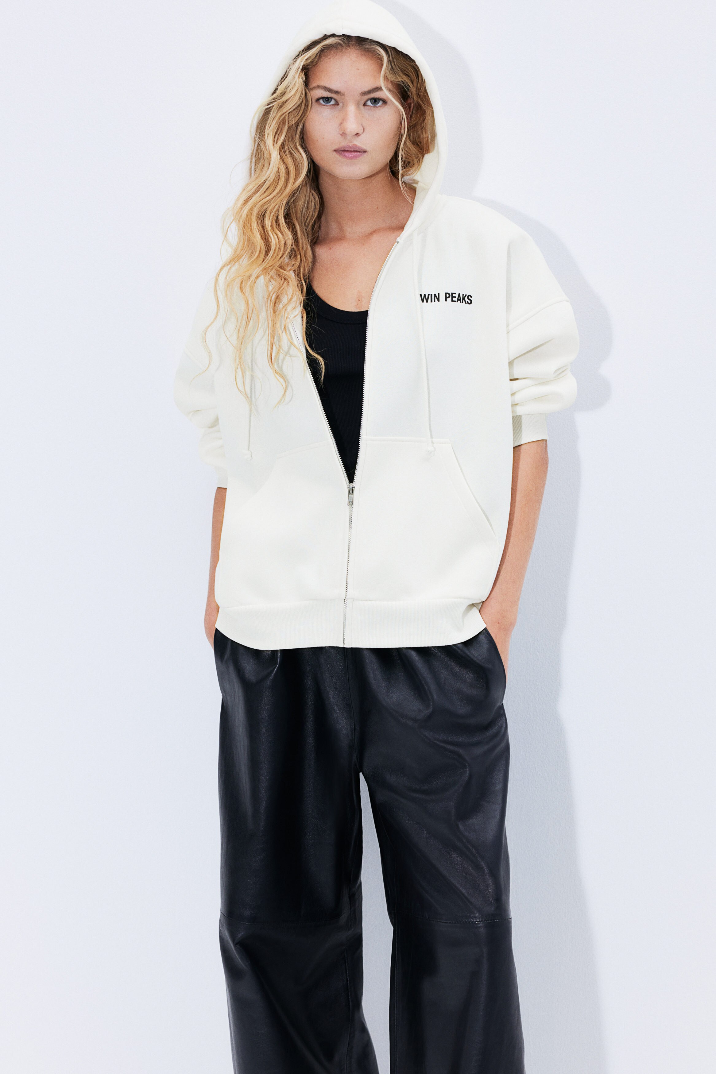 Oversized motif-detail zip-through hoodie
