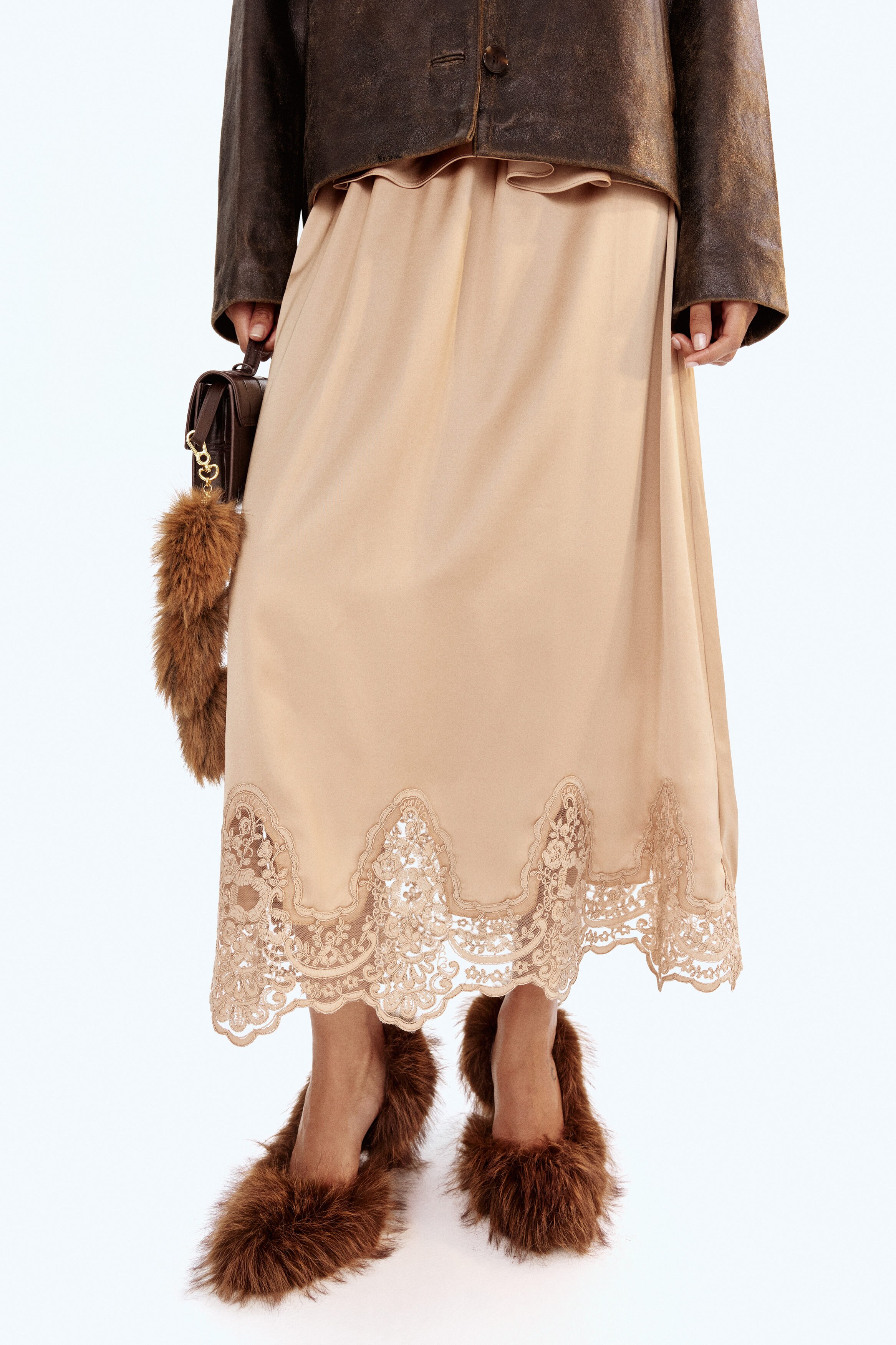 Lace-trimmed satin skirt