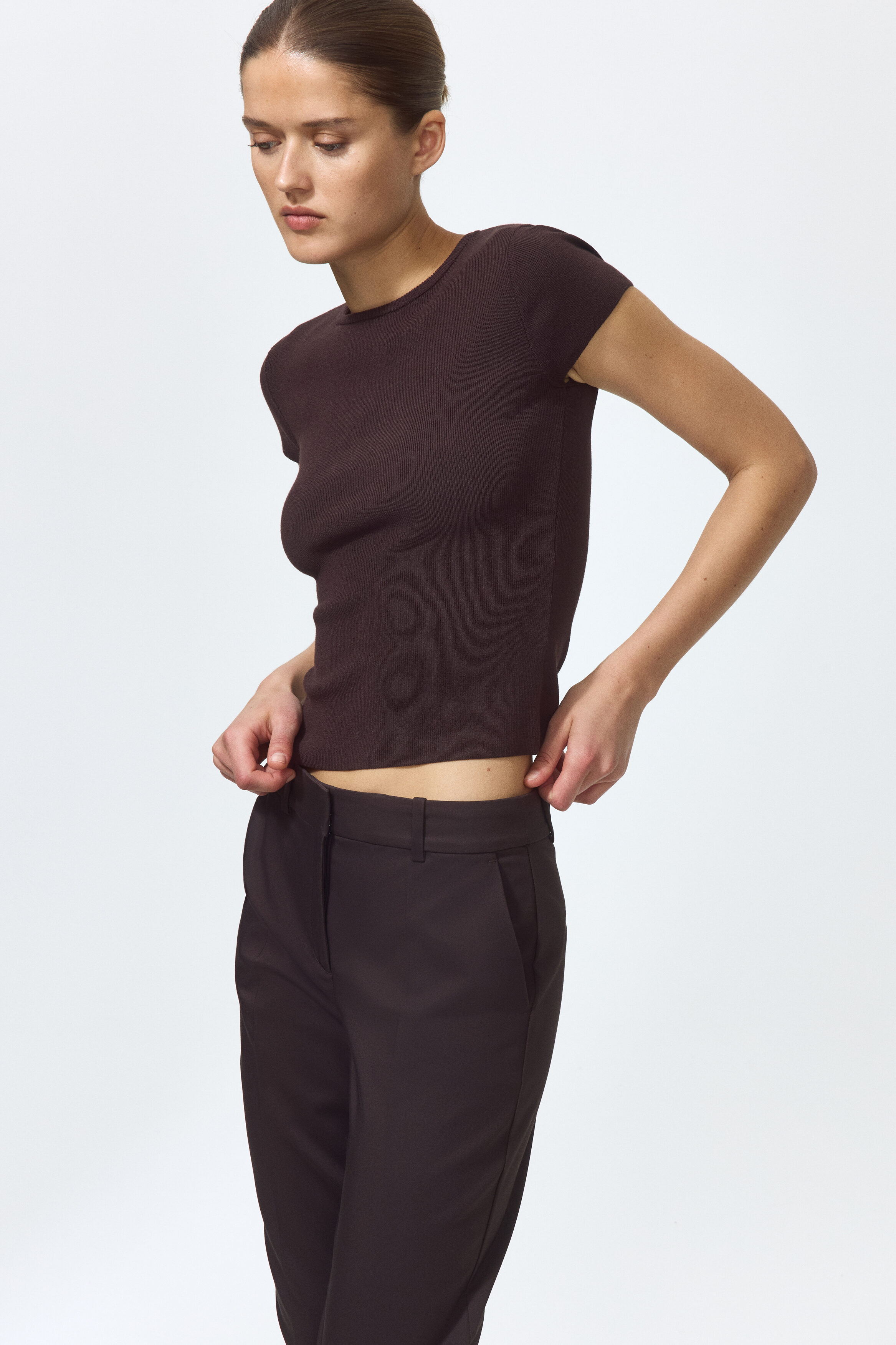 brown cigarette trousers Chocolate velvet flat-front slim fit Pants Brown silk cigarette trousers