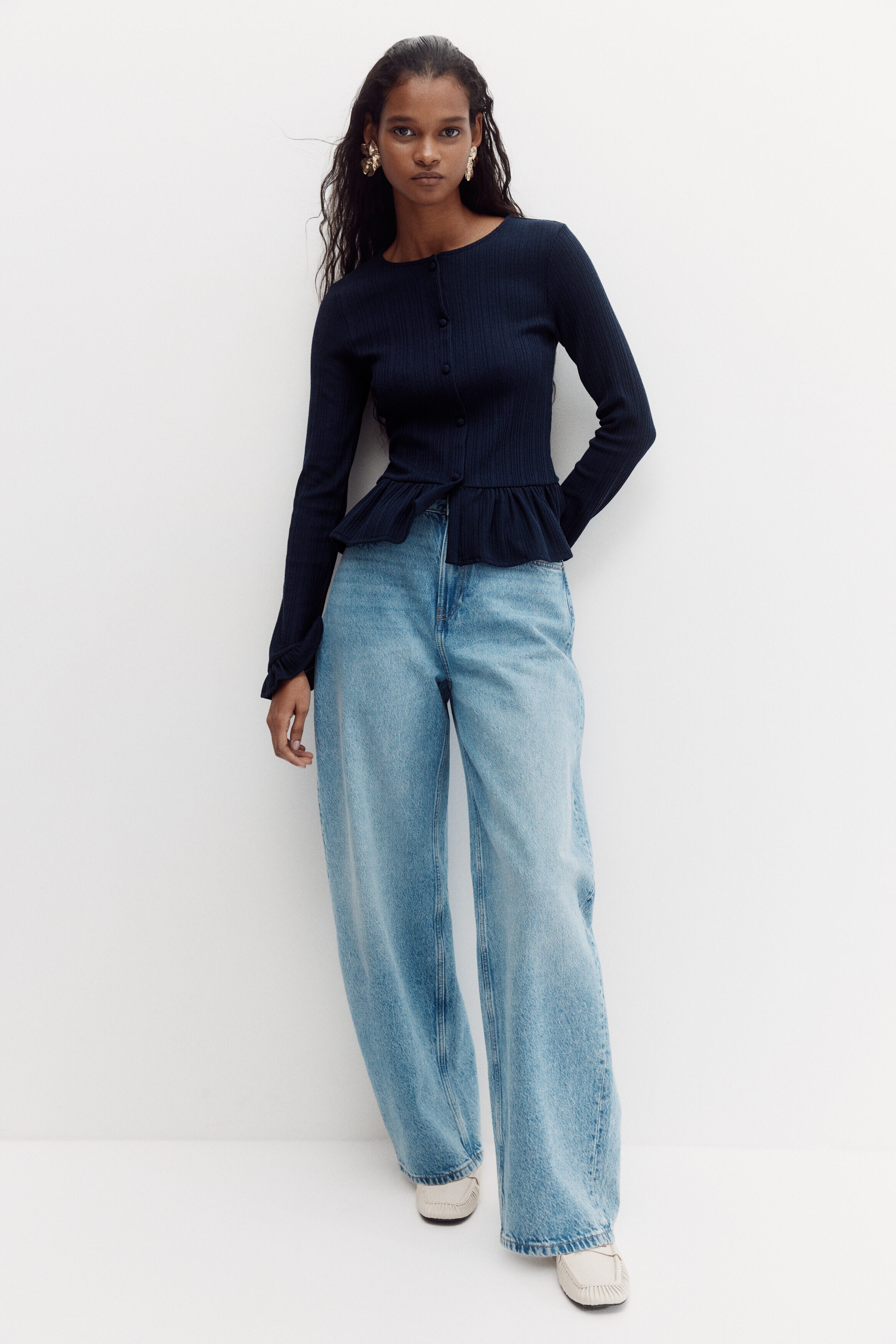 Rib-knit peplum cardigan