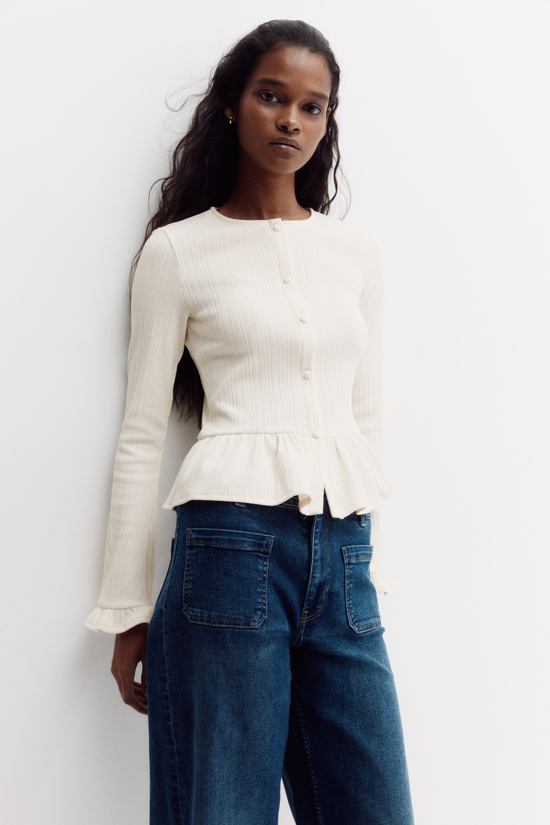 Rib-knit peplum cardigan