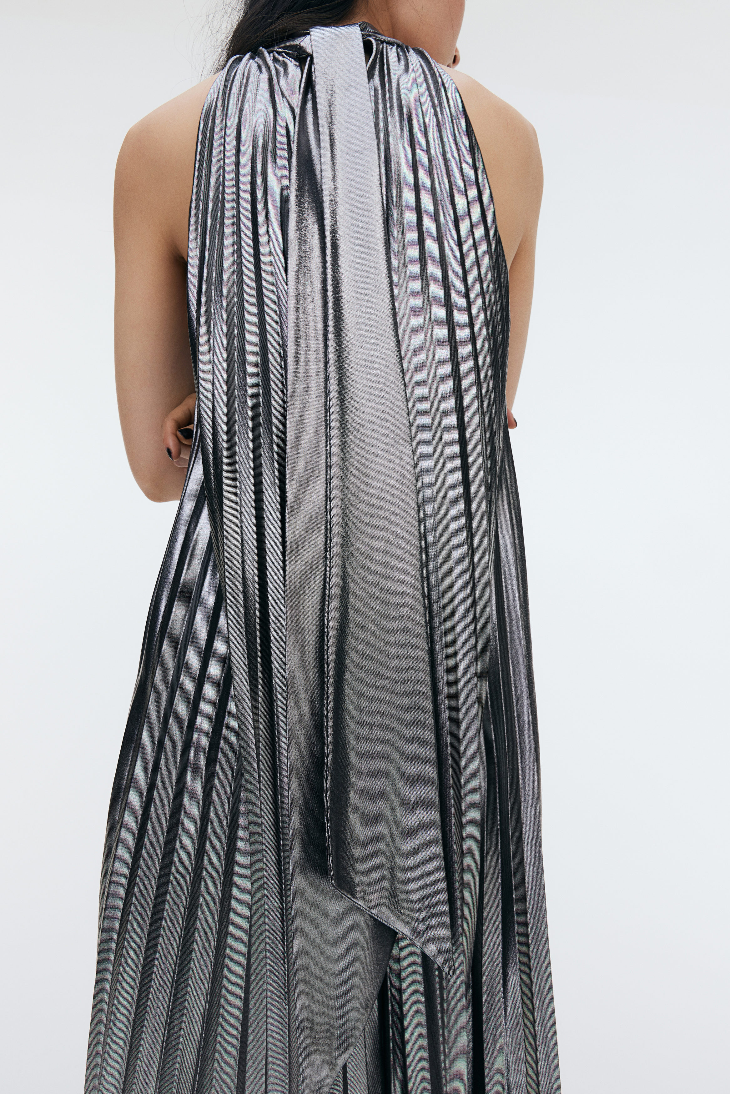 pleated tie neck dress