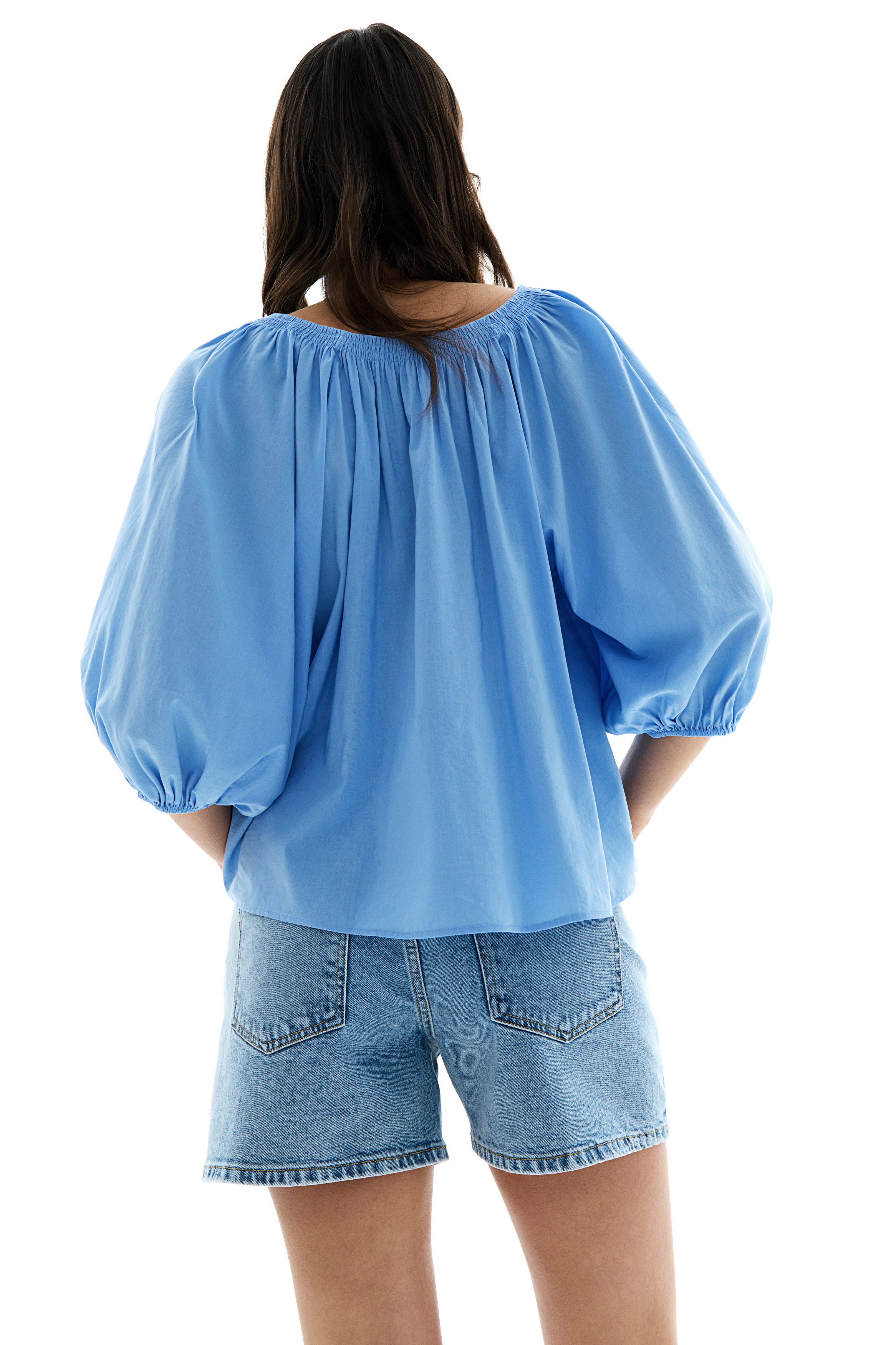 今季新作 A&amp;S / Smocking Sleeve Blouse Blouse with smock and 3/4 sleeves - Blue - Sz. XXL - Zizzifashion