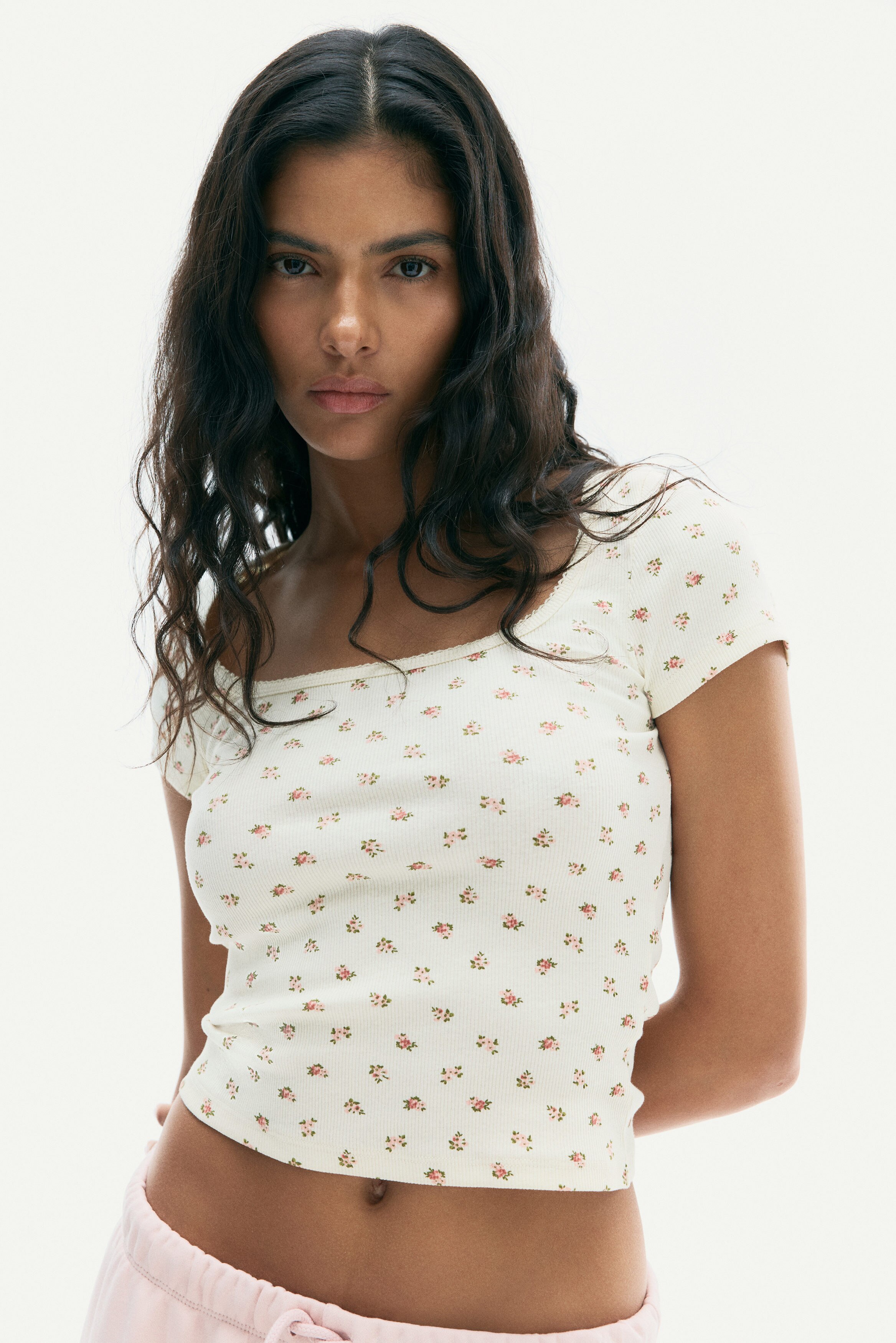 Picot-trimmed ribbed T-shirt