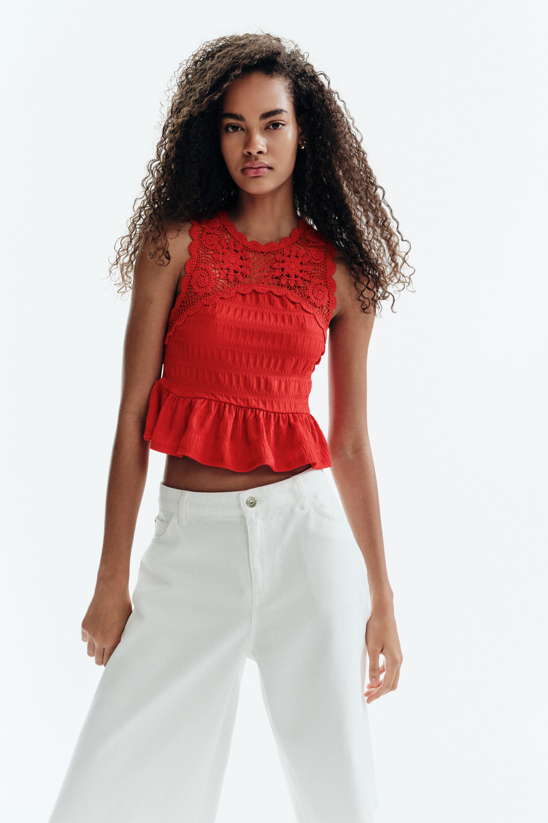 Crochet-look-section textured top