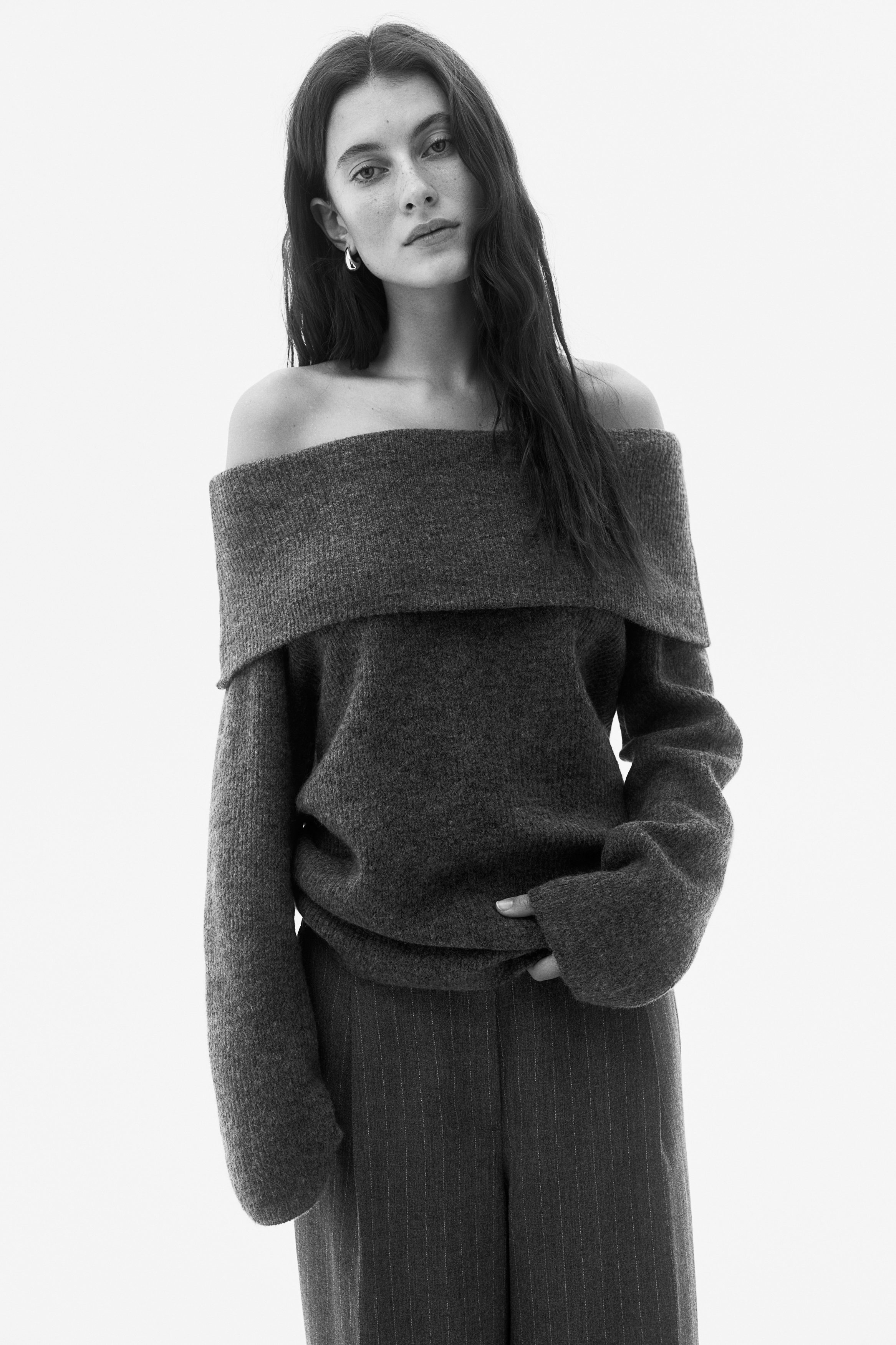 HIAND 3way Layered Off-Shoulder Knit Rib-knit off-the-shoulder jumper