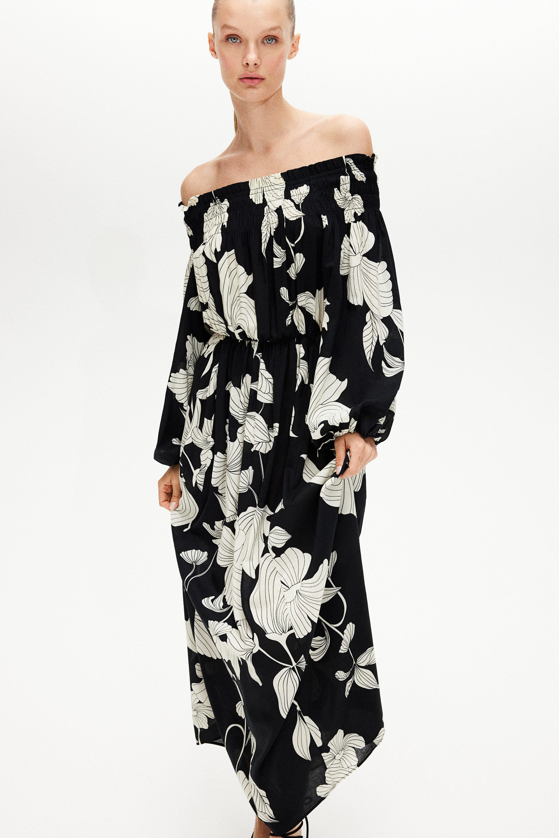 Smock-topped off-the-shoulder dress