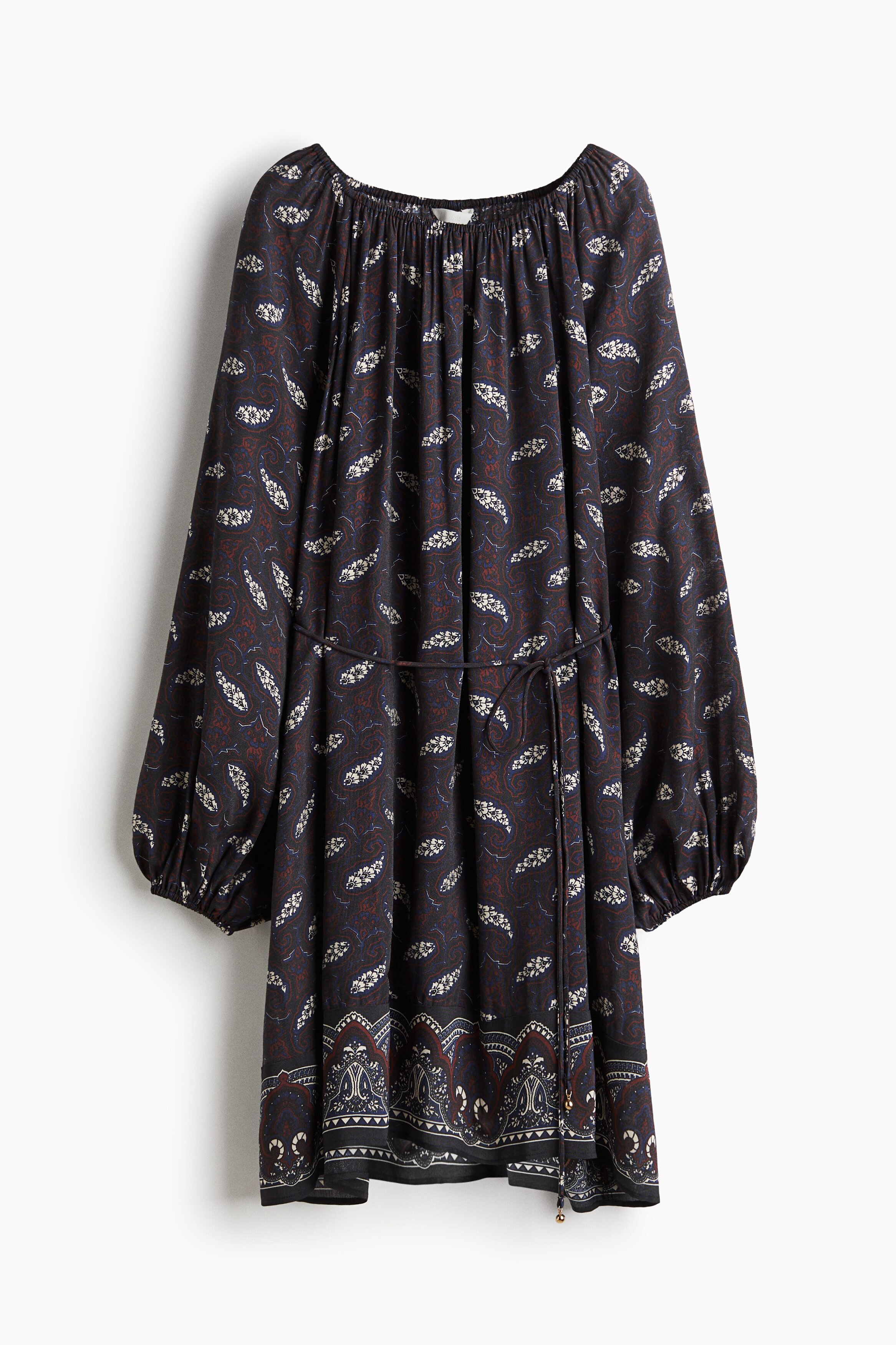 h&m oversized tie belt dress Women's Black/floral Oversized Tie-Belt Dress