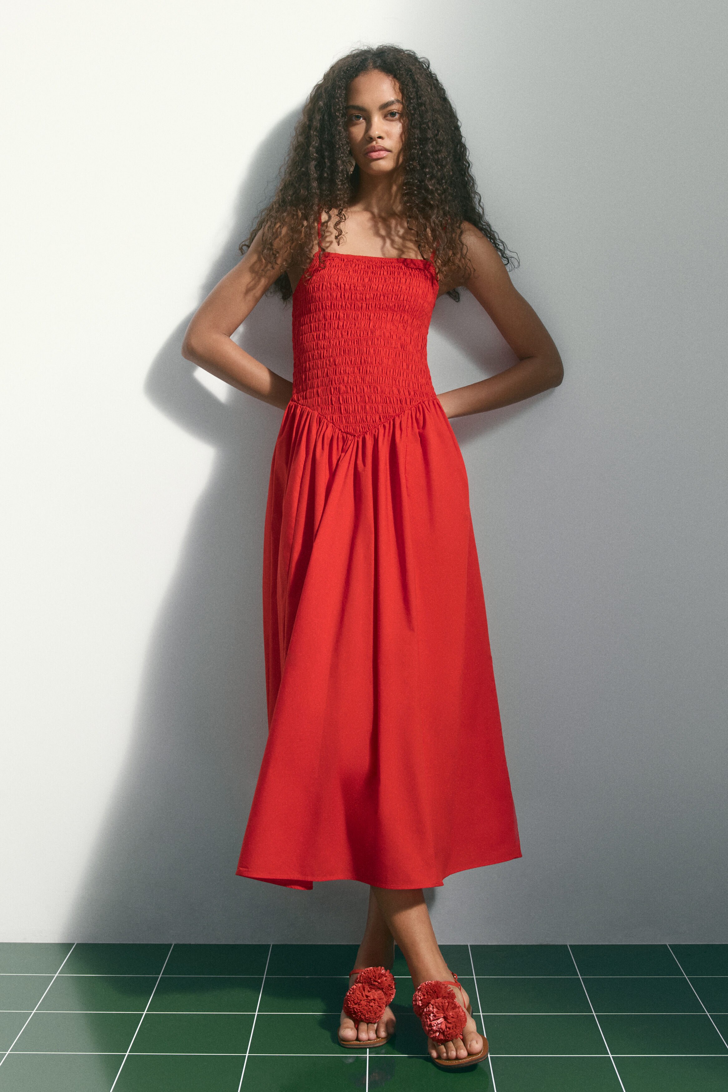 Smocked flared-skirt dress
