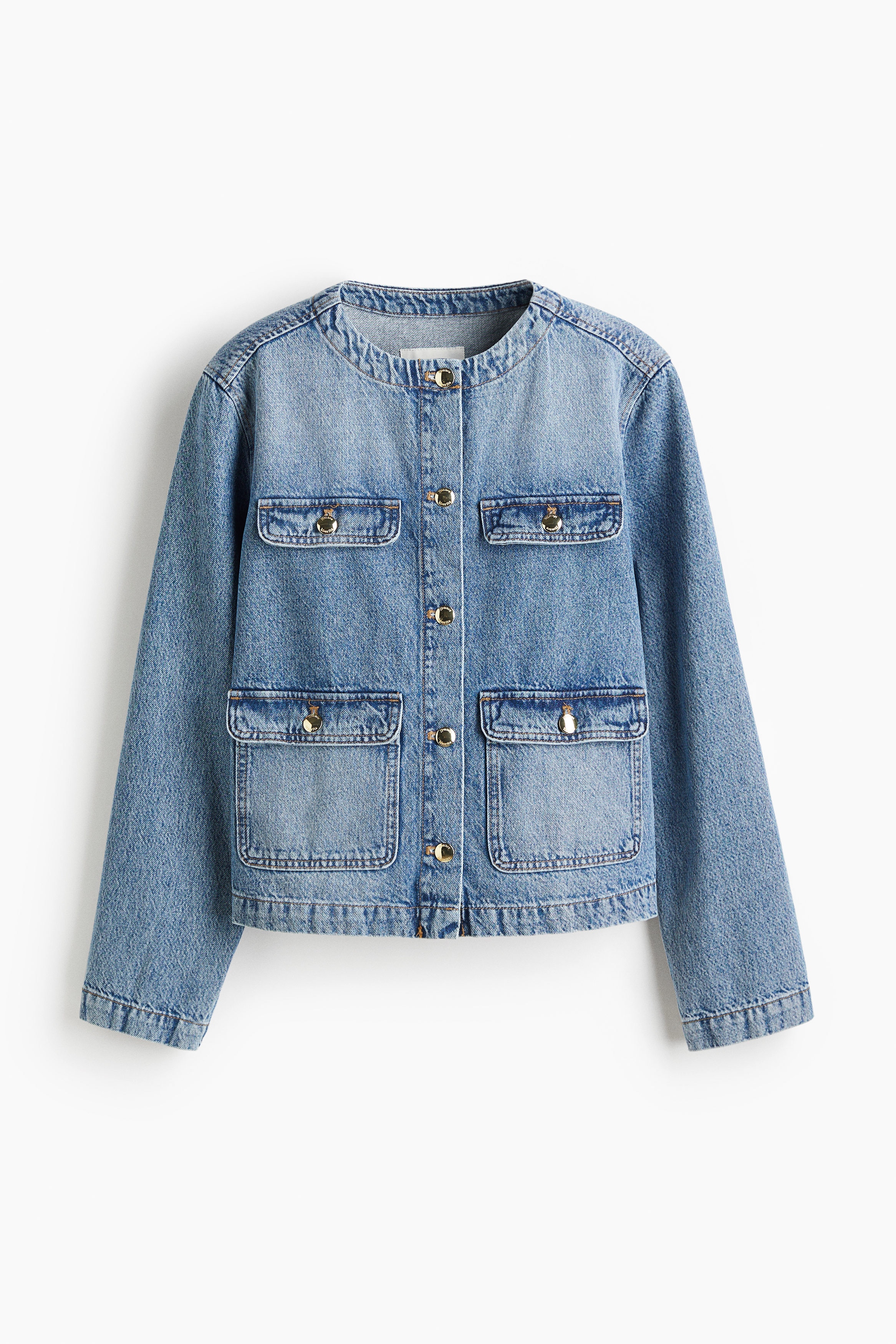 Collarless denim jacket