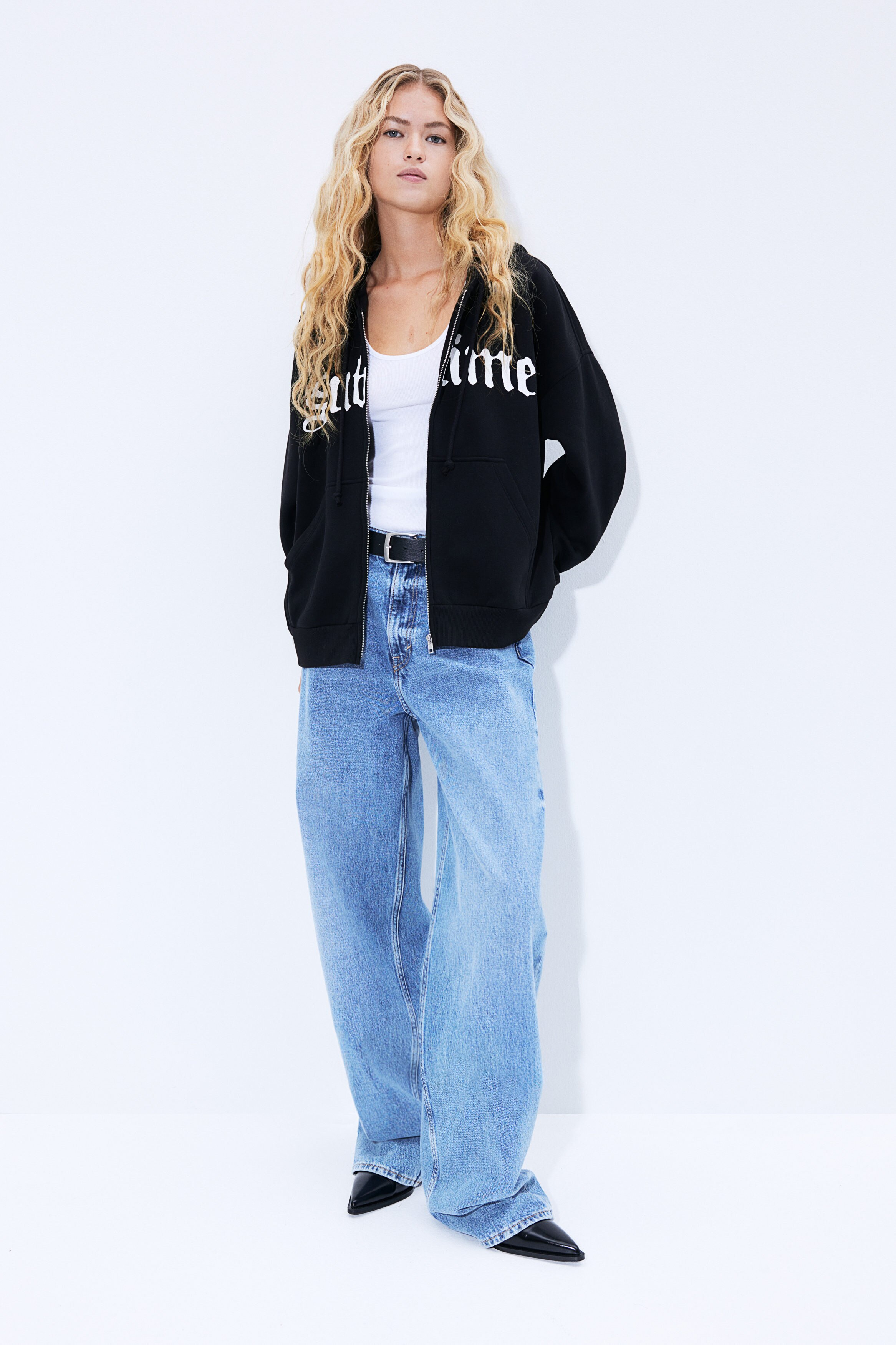 Oversized motif-detail zip-through hoodie