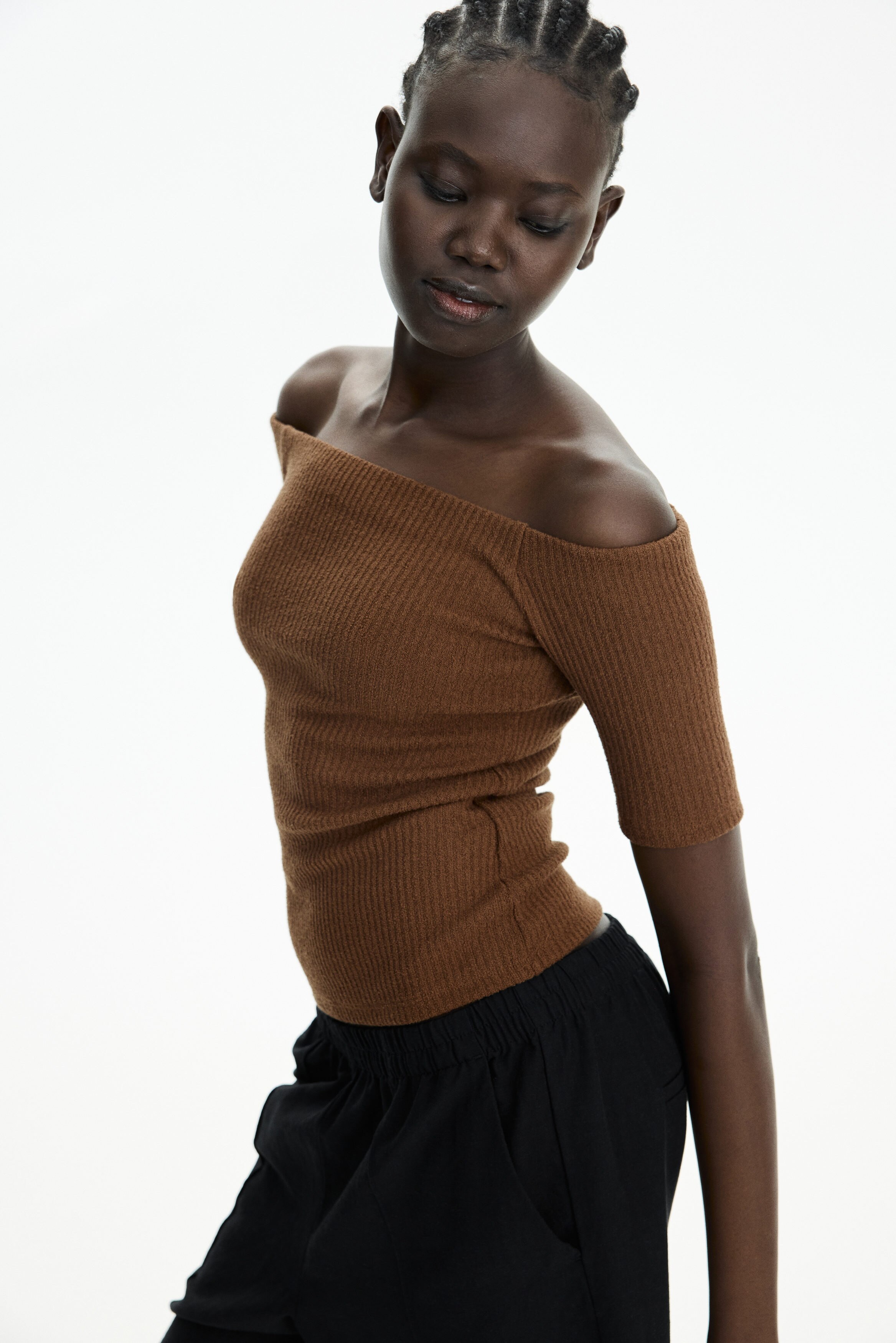 Rib-knit off-the-shoulder top