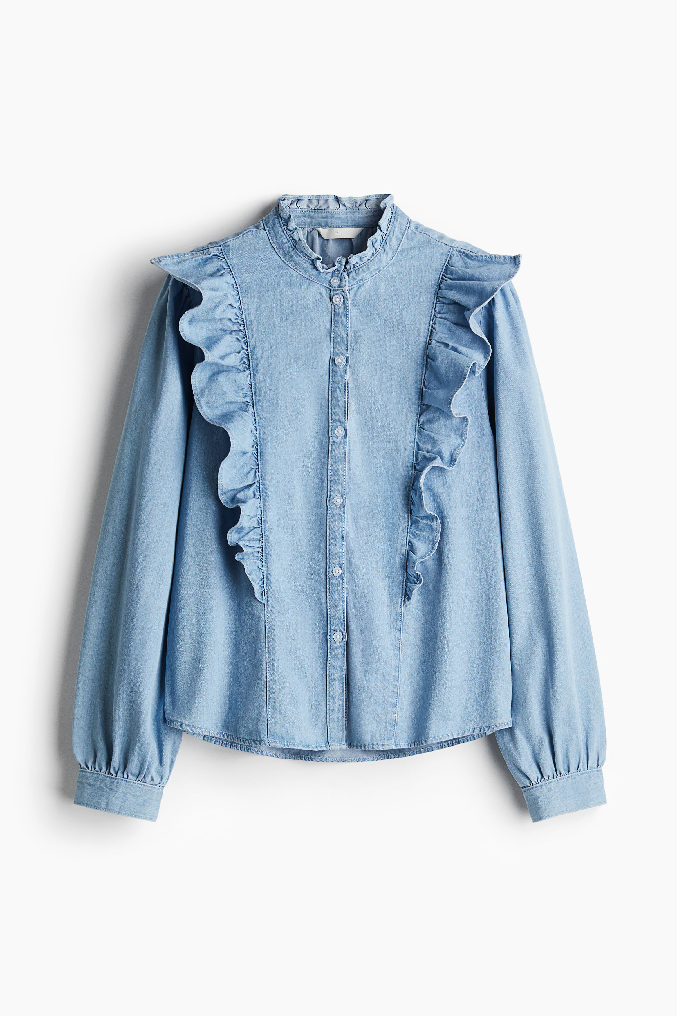 Frill-trimmed denim blouse